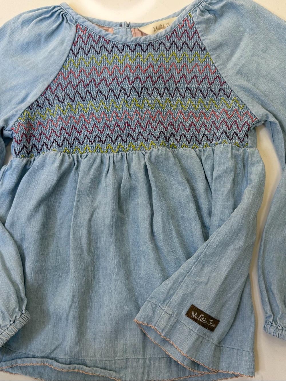 Matilda Jane Girls Size 6 Blue Chambray Smocked Embroidered Peasant Top Cotton